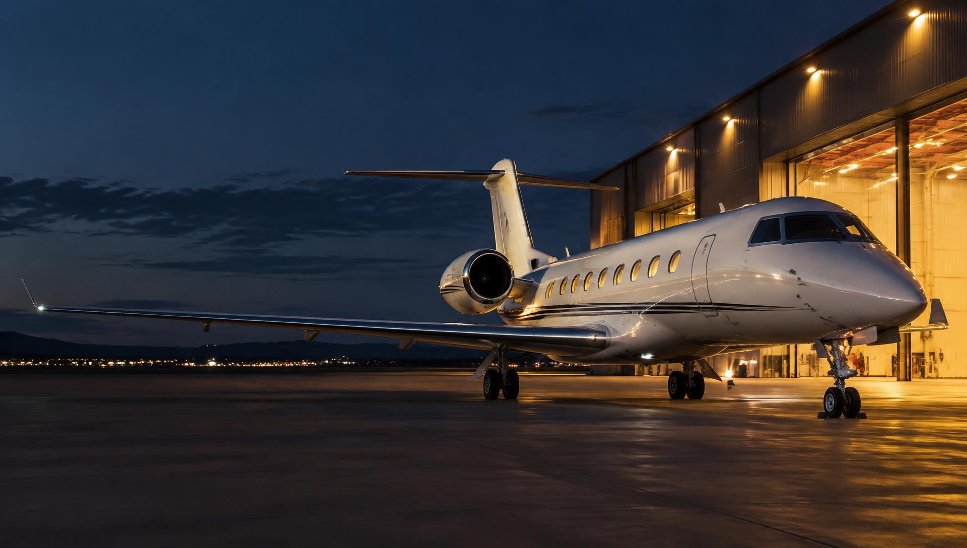 Business Jet auf dem Vorfeld bei Abenddämmerung